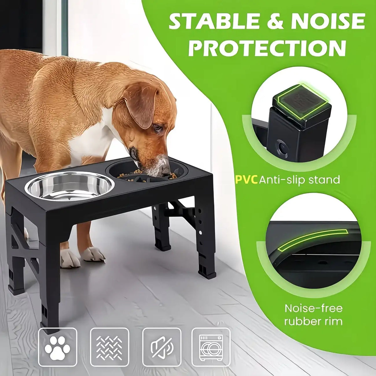Adjustable Height Pet Elevated Dog Bowl With 5 Adjustable Height Settings. Comes With 2 Stainless Steel Dog Water Bowls And 1 Slow-Feed Dog Bowl. Adjustable Elevated Dog Bowl Stand. Suitable For Small, Medium And Large Dogs.
