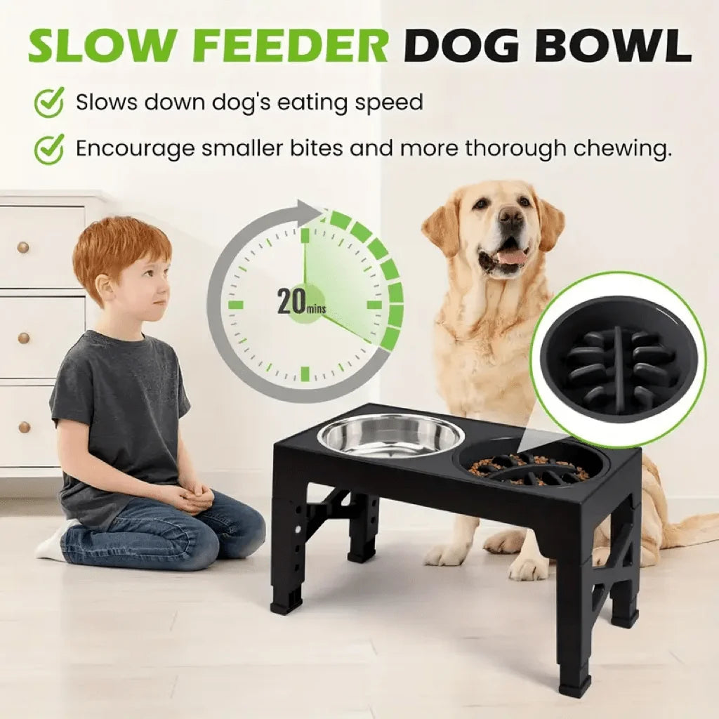 Adjustable Height Pet Elevated Dog Bowl With 5 Adjustable Height Settings. Comes With 2 Stainless Steel Dog Water Bowls And 1 Slow-Feed Dog Bowl. Adjustable Elevated Dog Bowl Stand. Suitable For Small, Medium And Large Dogs.