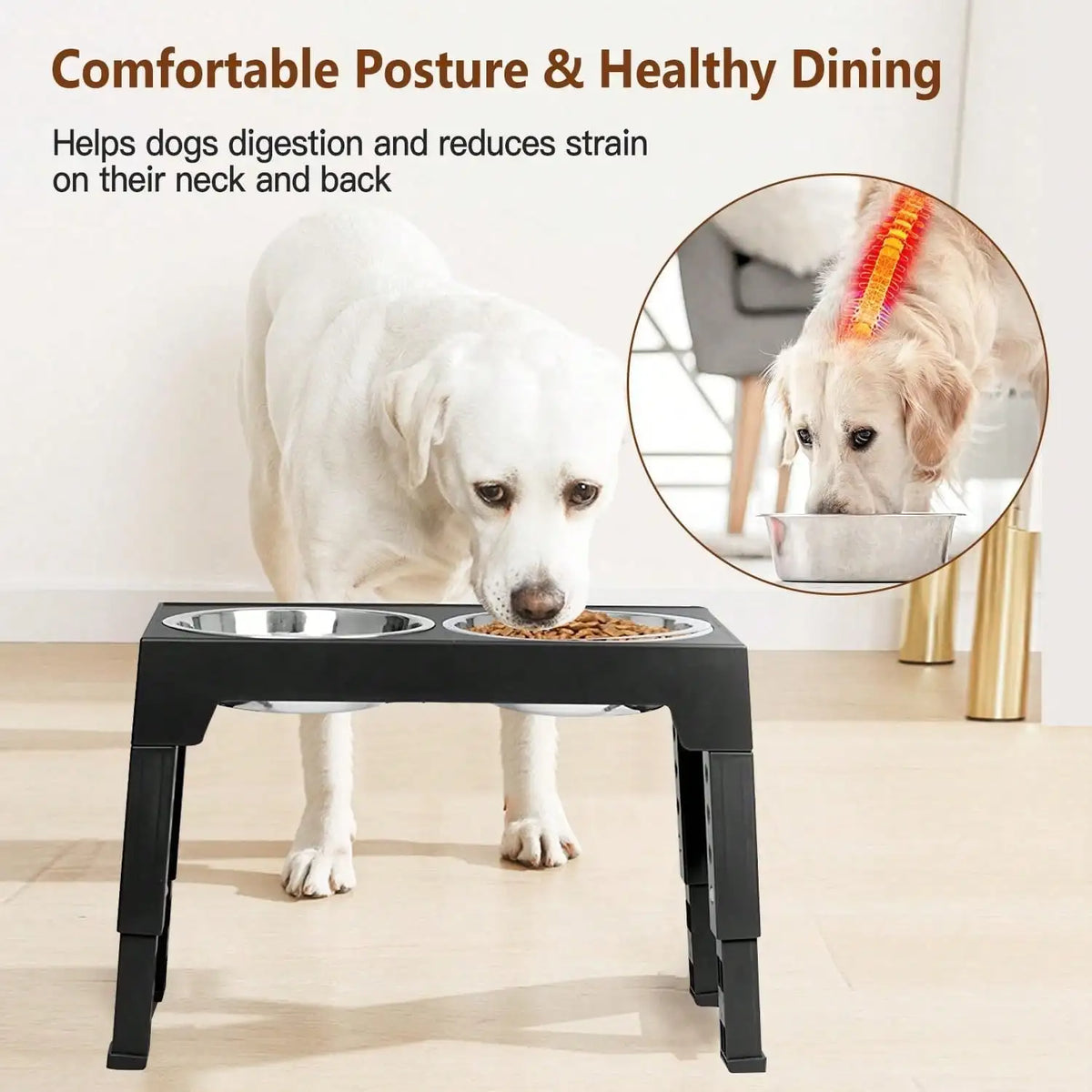 Adjustable Height Pet Elevated Dog Bowl With 5 Adjustable Height Settings. Comes With 2 Stainless Steel Dog Water Bowls And 1 Slow-Feed Dog Bowl. Adjustable Elevated Dog Bowl Stand. Suitable For Small, Medium And Large Dogs.