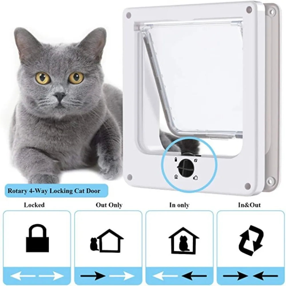 4 Ways Locking Cat Flap Door with Security Lock ABS Easy Installation Self-Closing Pet Door Weatherproof Turn Knob Dog Flap Door