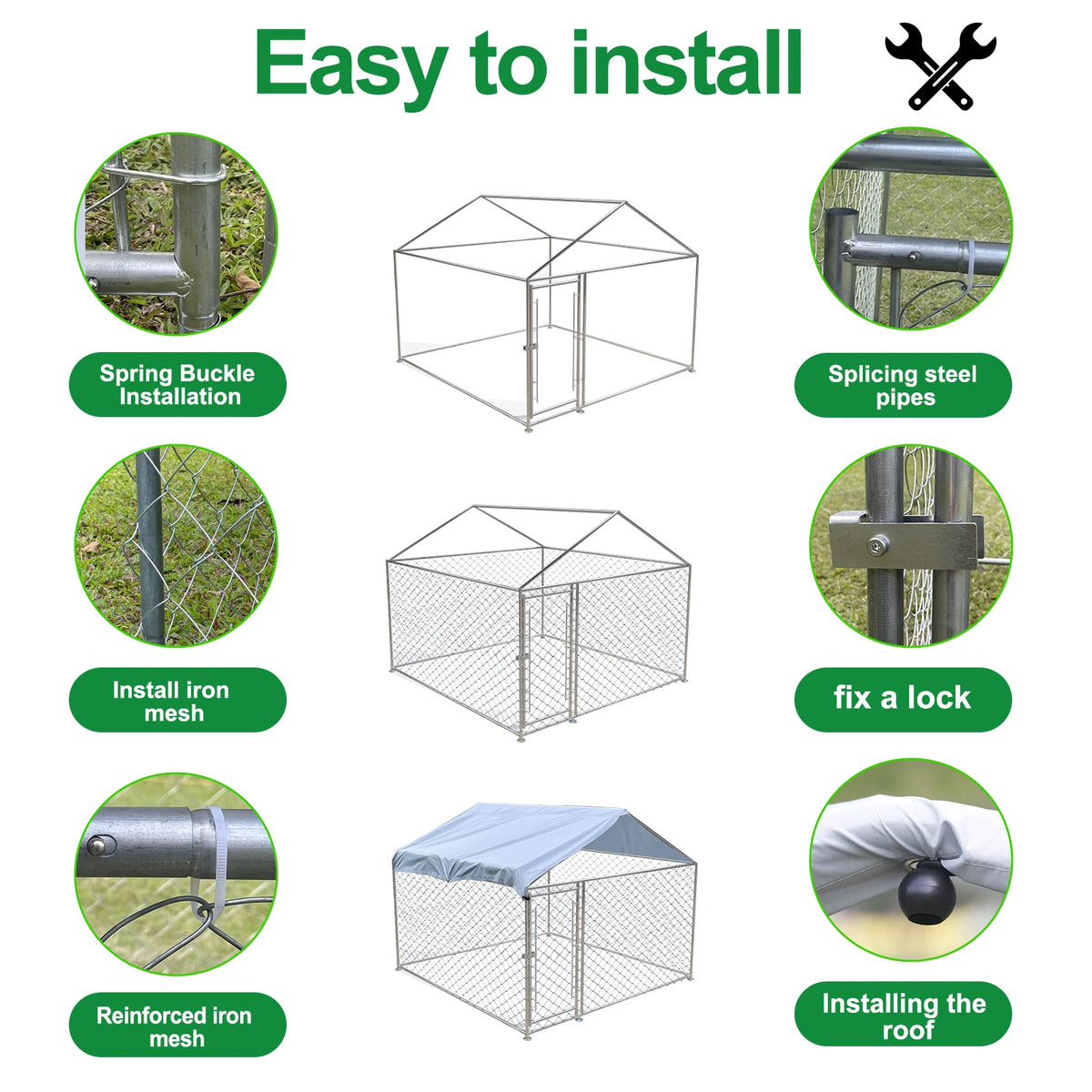 Large Outdoor Dog Kennel 200x150x200cm, Heavy Duty Metal Pet Cage with Waterproof Roof & Sun Protection for Backyard Garden Patio