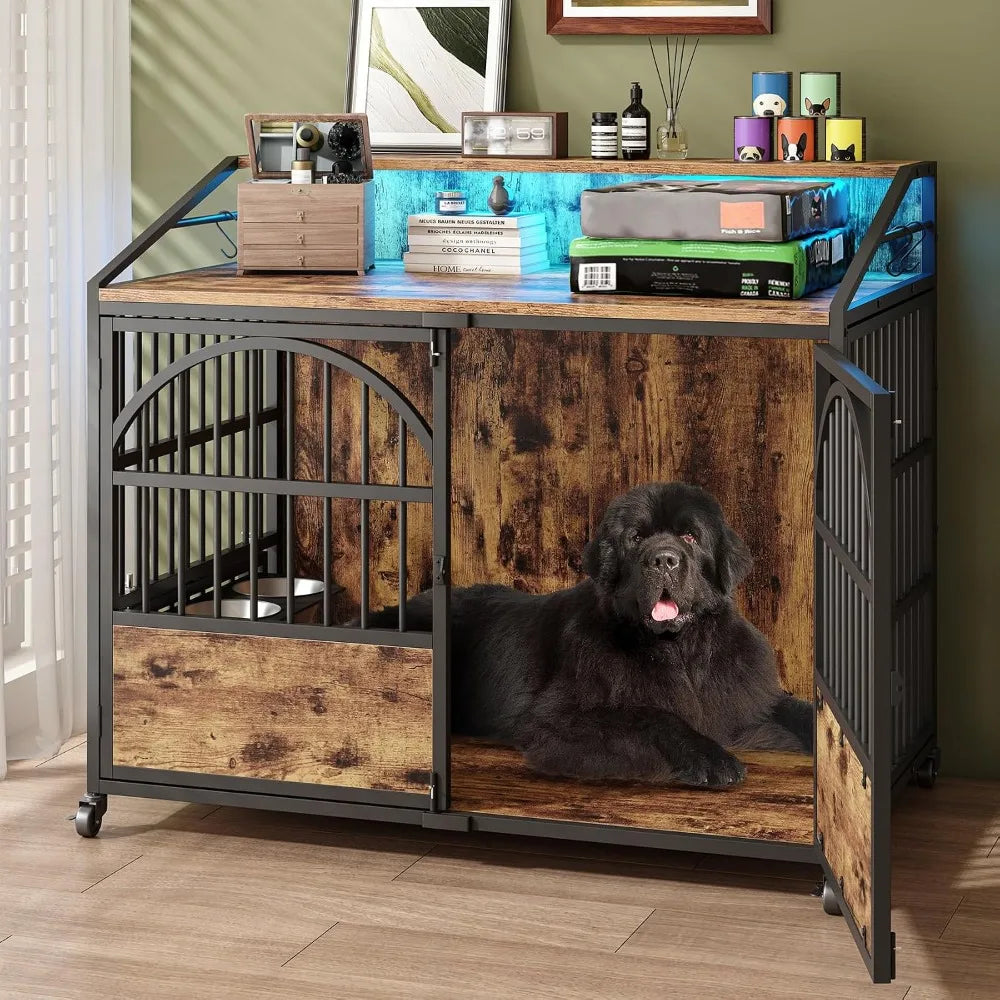 44 Inch Heavy Duty Dog Crate Furniture,3 Doors Dog Kennel,360° Stainless Steel Bowls & Lockable Wheels, Indoor Use, Custom