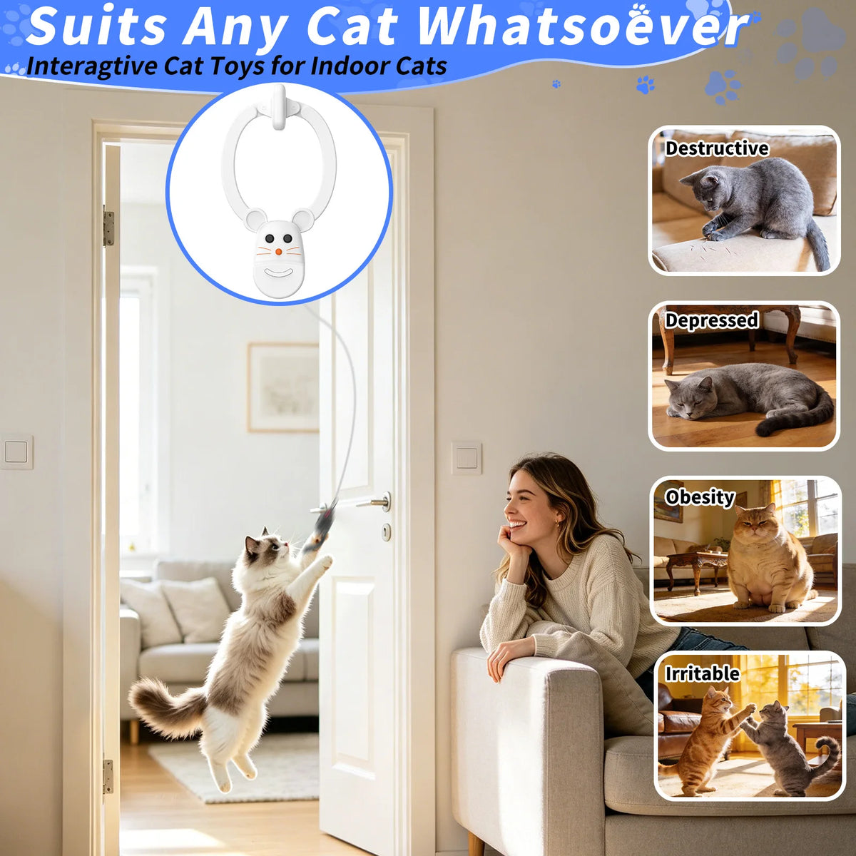 Interactive Cat Toys for Indoor Cats,  Rechargeable Durable Safe Hanging Cat Toy for Bored Kittens & Adult Cats