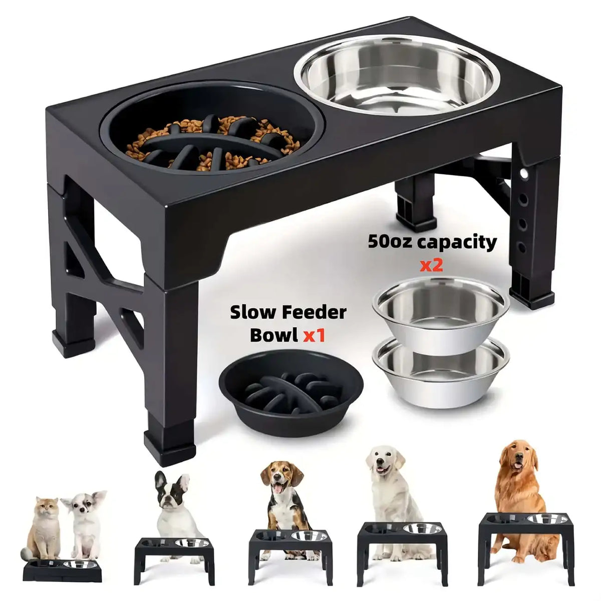 Adjustable Height Pet Elevated Dog Bowl With 5 Adjustable Height Settings. Comes With 2 Stainless Steel Dog Water Bowls And 1 Slow-Feed Dog Bowl. Adjustable Elevated Dog Bowl Stand. Suitable For Small, Medium And Large Dogs.