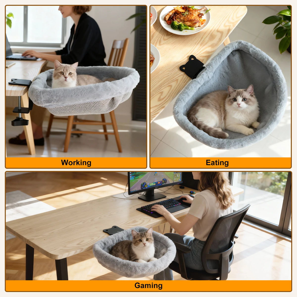 Cat Desk Bed One-Click Folding Sunken Design Space-Saving Semi-Circular Cat Desk Hammock Perch For Home Office Indoor Cats