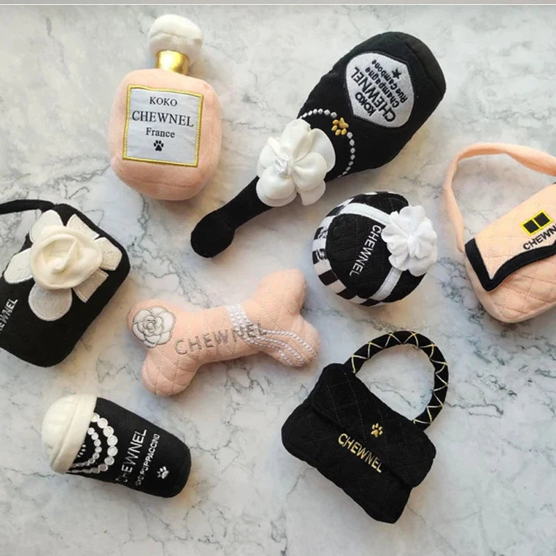 Unique Squeaky Dog Toys Fashionable Plush Designs Handbag Bone Ball Bottle Shape Pet Plush Chewing Toy