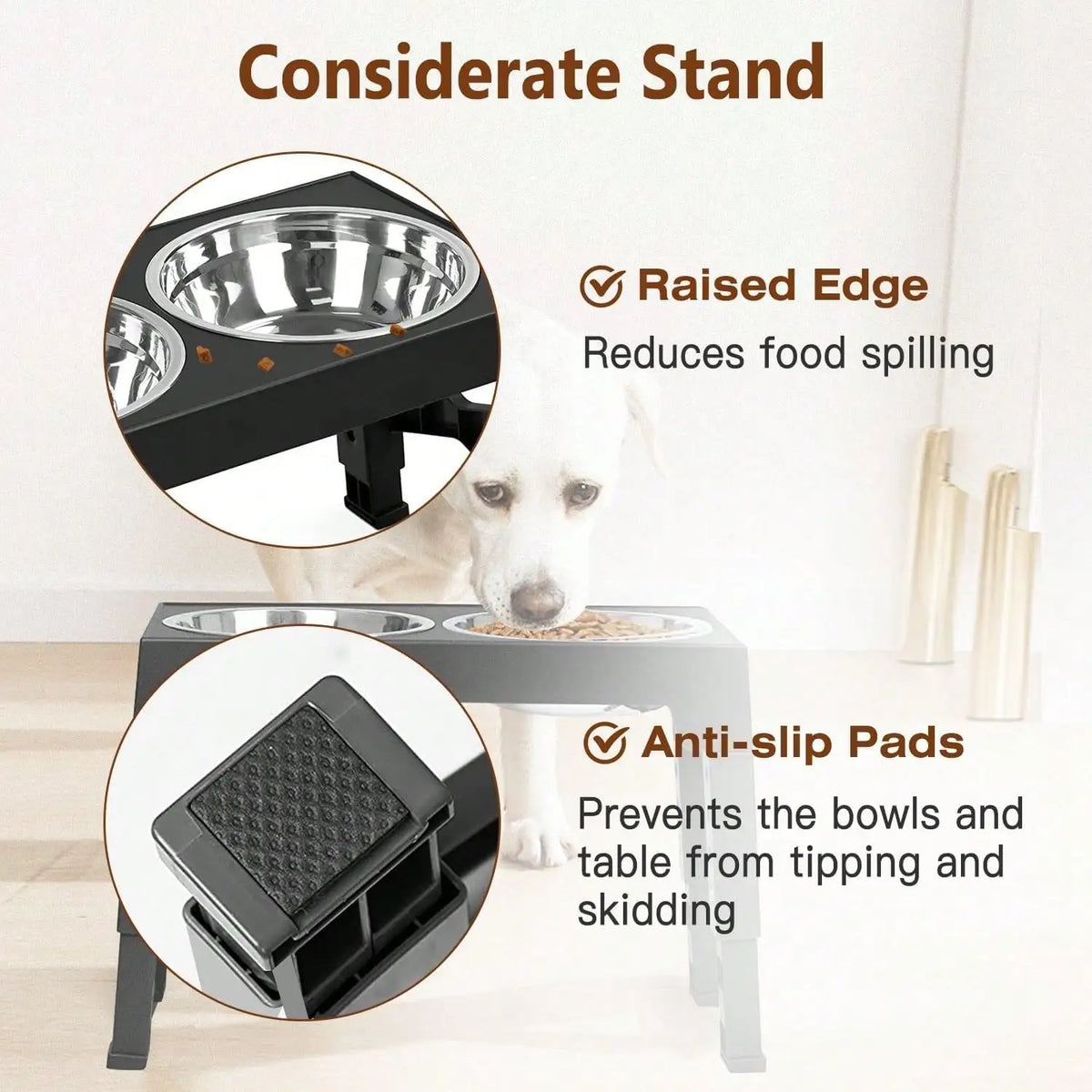 Adjustable Height Pet Elevated Dog Bowl With 5 Adjustable Height Settings. Comes With 2 Stainless Steel Dog Water Bowls And 1 Slow-Feed Dog Bowl. Adjustable Elevated Dog Bowl Stand. Suitable For Small, Medium And Large Dogs.