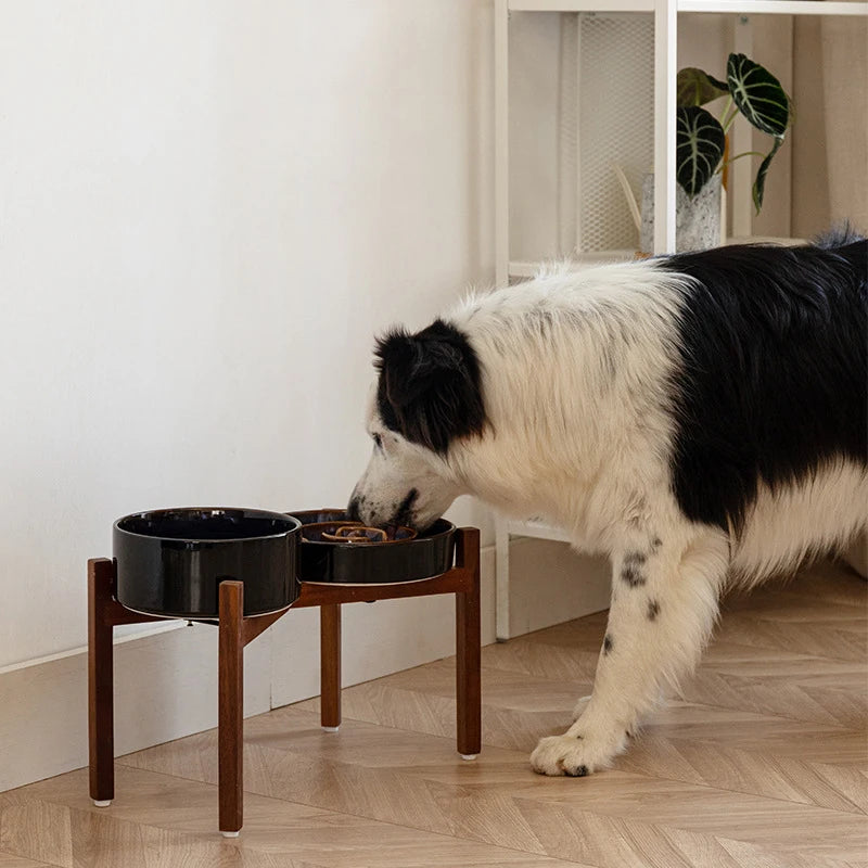 1800ml Large Ceramic Pet Bowls with Wooden Stand – Double Elevated Raised Big Dog Feeding Dishes Non Slip Cat Bowls