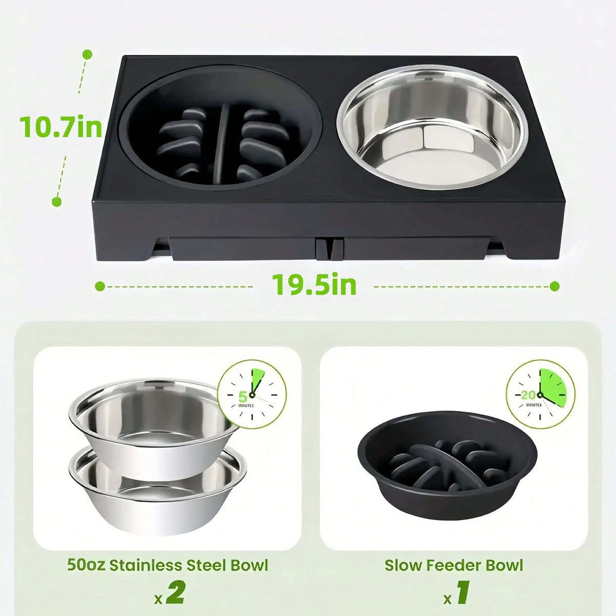 Adjustable Height Pet Elevated Dog Bowl With 5 Adjustable Height Settings. Comes With 2 Stainless Steel Dog Water Bowls And 1 Slow-Feed Dog Bowl. Adjustable Elevated Dog Bowl Stand. Suitable For Small, Medium And Large Dogs.