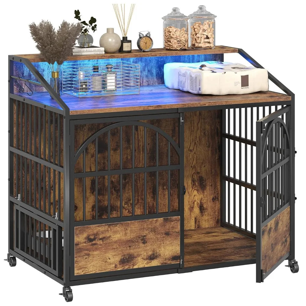 44 Inch Heavy Duty Dog Crate Furniture,3 Doors Dog Kennel,360° Stainless Steel Bowls & Lockable Wheels, Indoor Use, Custom