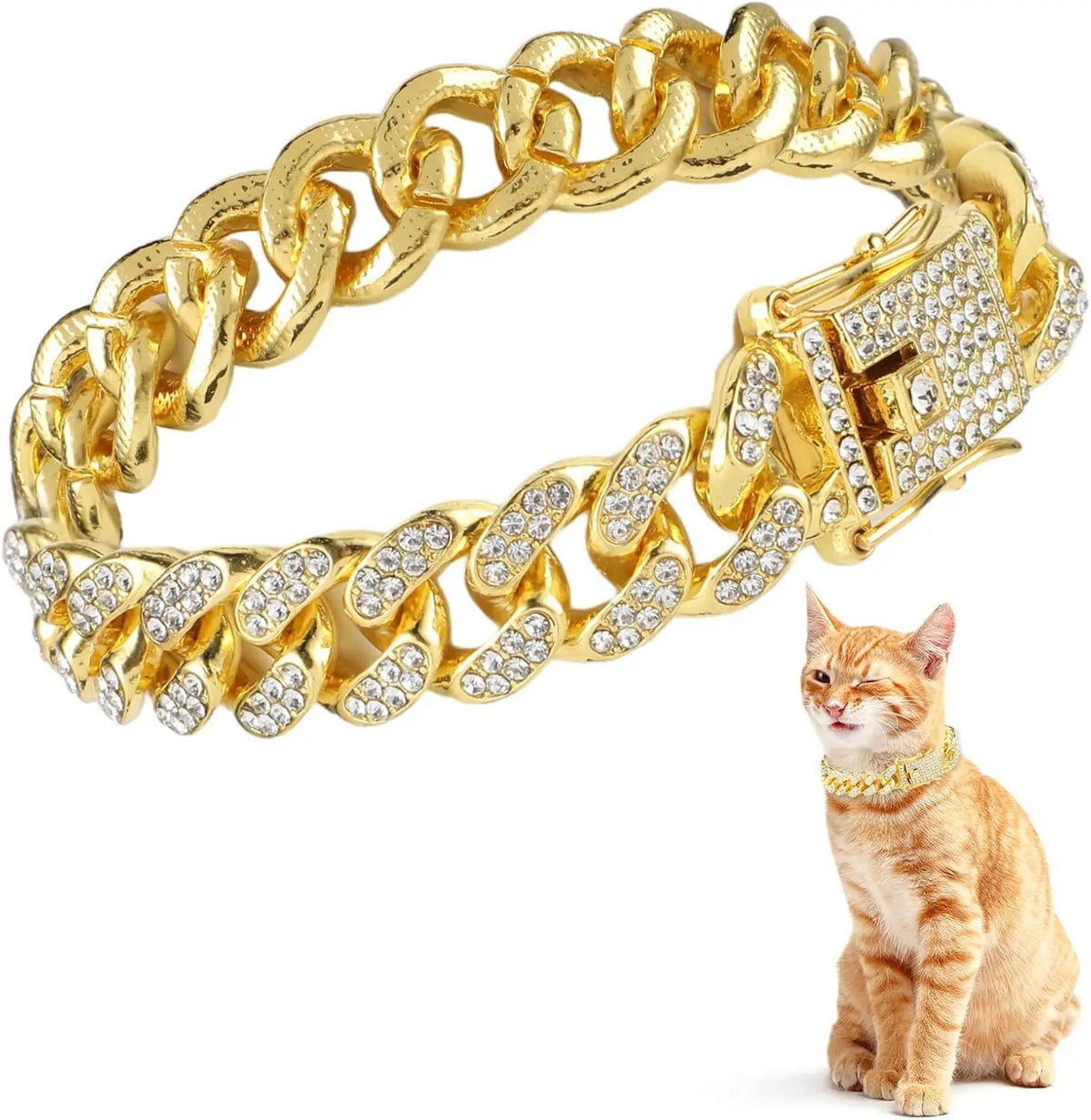 Fashion Jewelry Accessories Gold Cuban Chain Cat Collar Luxury Crystal Rhinestone Pet Kitten Necklace for Cats