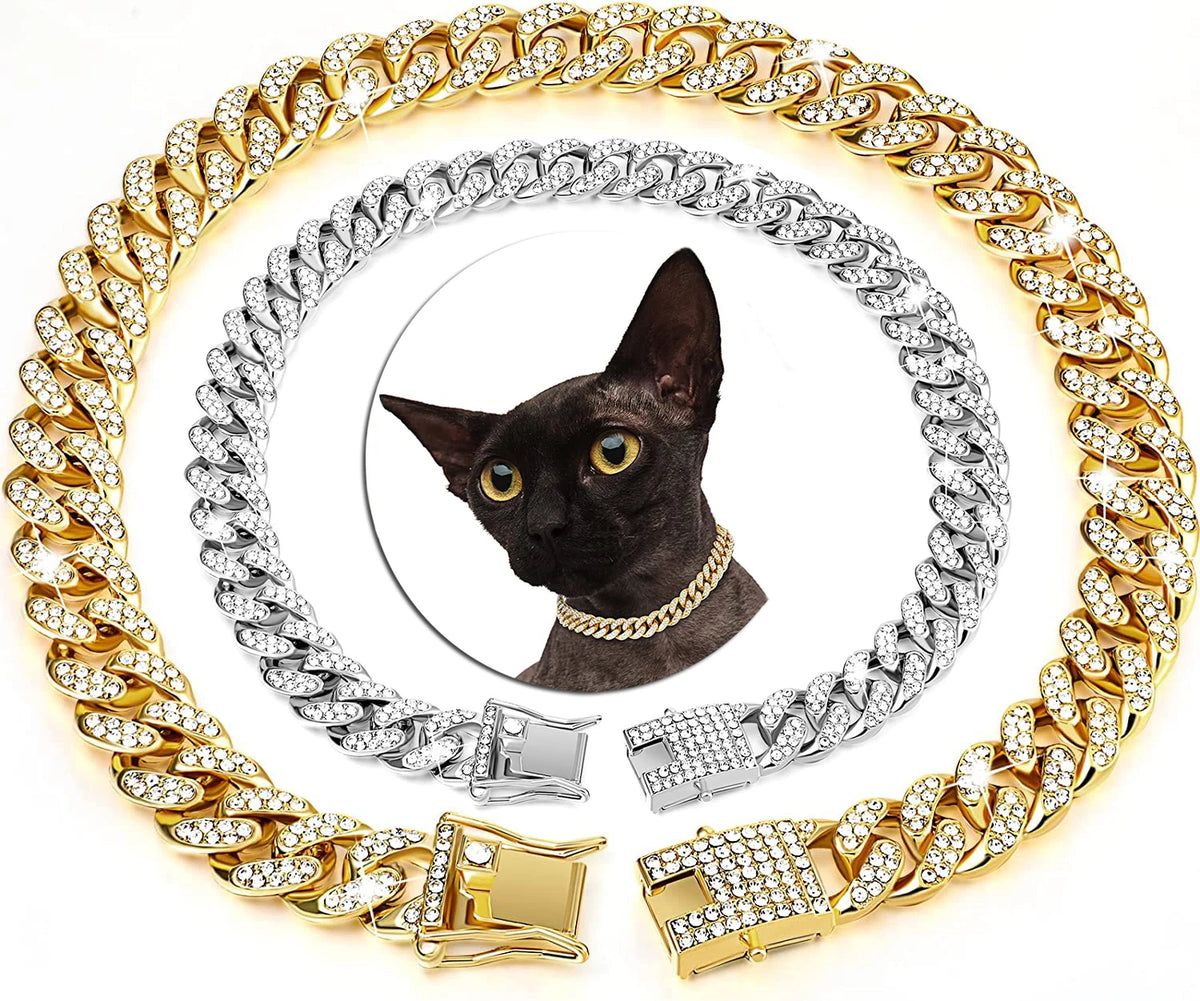Fashion Jewelry Accessories Gold Cuban Chain Cat Collar Luxury Crystal Rhinestone Pet Kitten Necklace for Cats