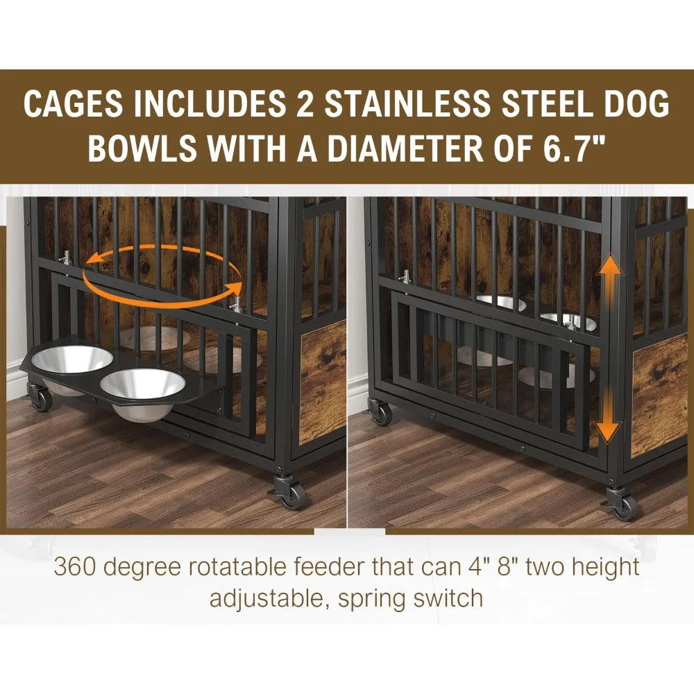 44 Inch Heavy Duty Dog Crate Furniture,3 Doors Dog Kennel,360° Stainless Steel Bowls & Lockable Wheels, Indoor Use, Custom