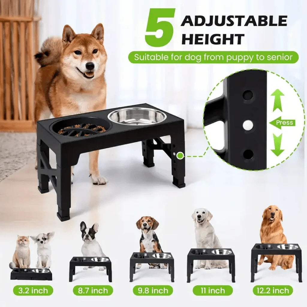 Adjustable Height Pet Elevated Dog Bowl With 5 Adjustable Height Settings. Comes With 2 Stainless Steel Dog Water Bowls And 1 Slow-Feed Dog Bowl. Adjustable Elevated Dog Bowl Stand. Suitable For Small, Medium And Large Dogs.