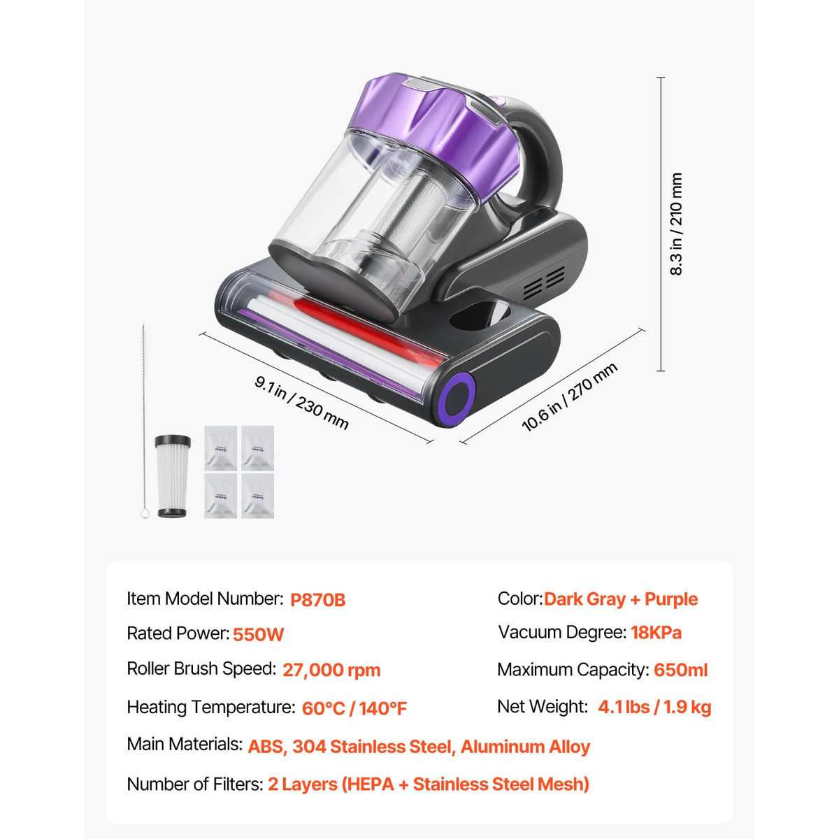 SucceBuy Mattress Vacuum Cleaner w/ 18Kpa Powerful Suction Dual Dust Bin HEPA Filter & Heating Ultrasound Handheld for Bed Sofa