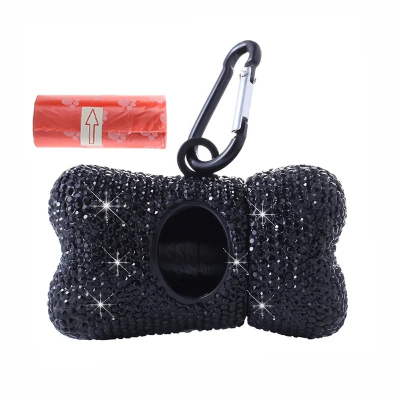 Rhinestone Pet Traction Rope Dog Garbage Bag Dispenser Bone Shaped Portable Pet Cleaning Supplies Retractable Dog Walking Rope