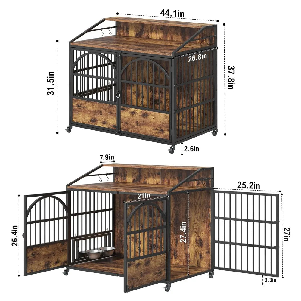 44 Inch Heavy Duty Dog Crate Furniture,3 Doors Dog Kennel,360° Stainless Steel Bowls & Lockable Wheels, Indoor Use, Custom