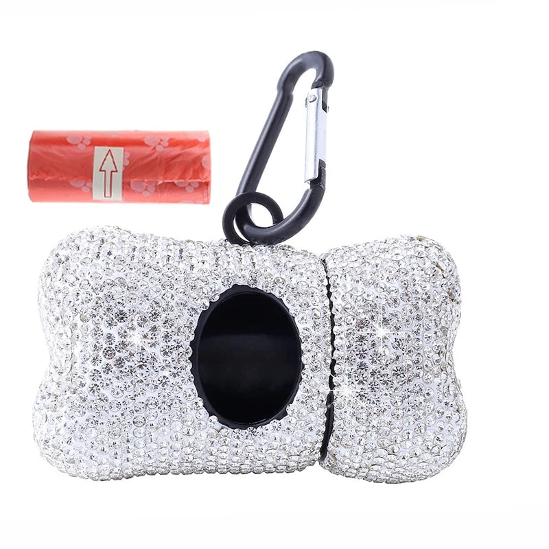 Rhinestone Pet Traction Rope Dog Garbage Bag Dispenser Bone Shaped Portable Pet Cleaning Supplies Retractable Dog Walking Rope