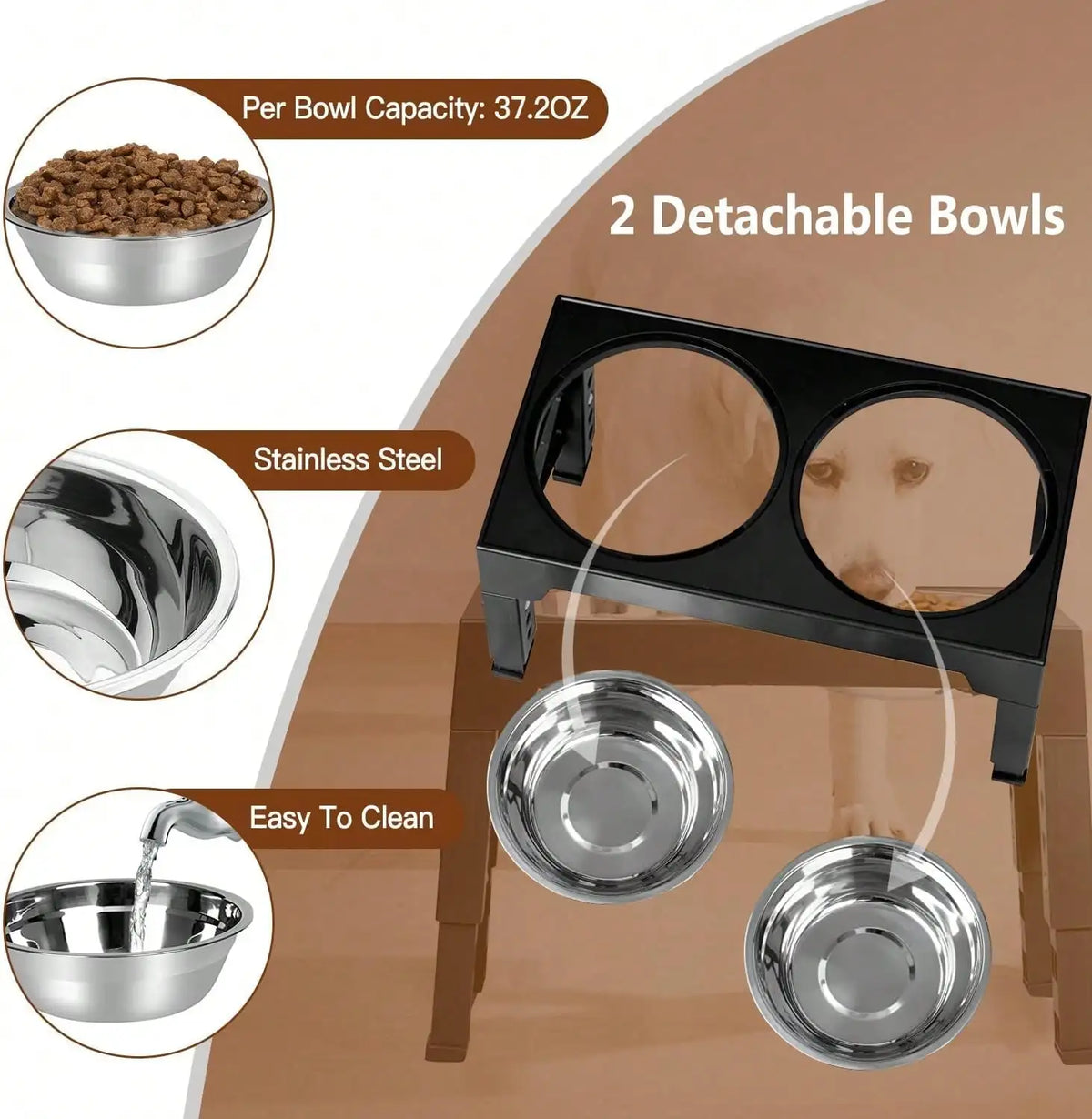 Adjustable Height Pet Elevated Dog Bowl With 5 Adjustable Height Settings. Comes With 2 Stainless Steel Dog Water Bowls And 1 Slow-Feed Dog Bowl. Adjustable Elevated Dog Bowl Stand. Suitable For Small, Medium And Large Dogs.