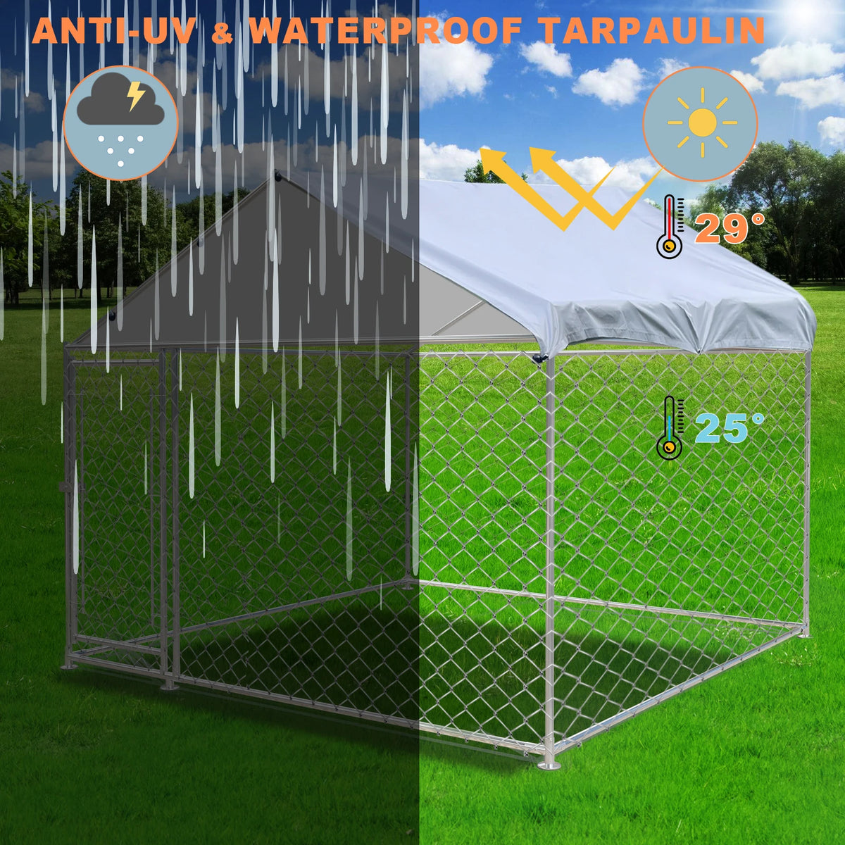 Large Outdoor Dog Kennel 200x150x200cm, Heavy Duty Metal Pet Cage with Waterproof Roof & Sun Protection for Backyard Garden Patio