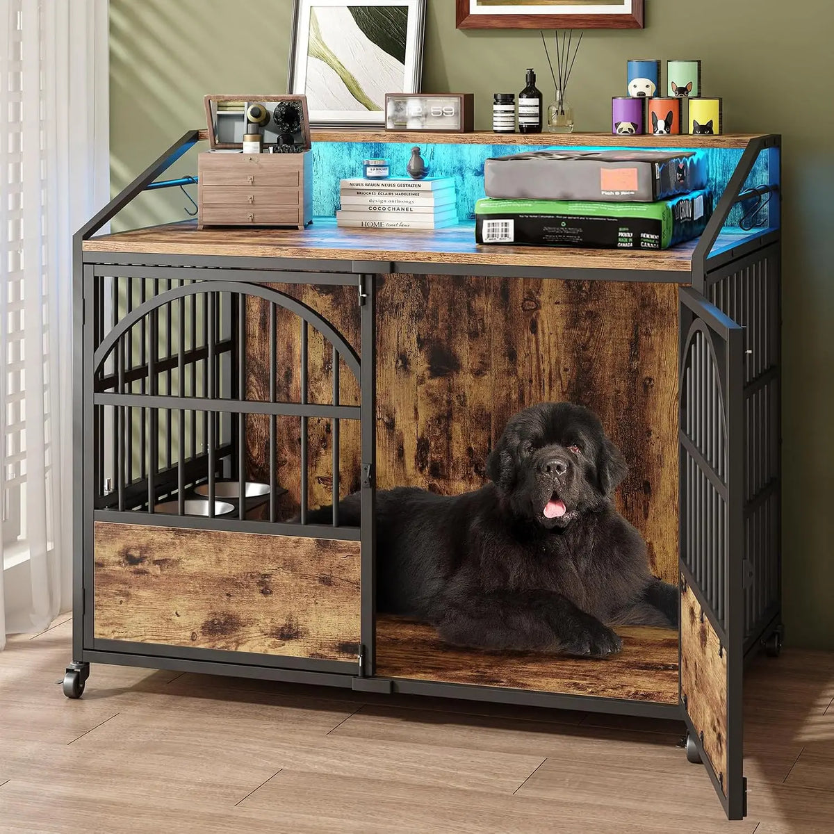44 Inch Heavy Duty Dog Crate Furniture,3 Doors Dog Kennel,360° Stainless Steel Bowls & Lockable Wheels, Indoor Use, Custom