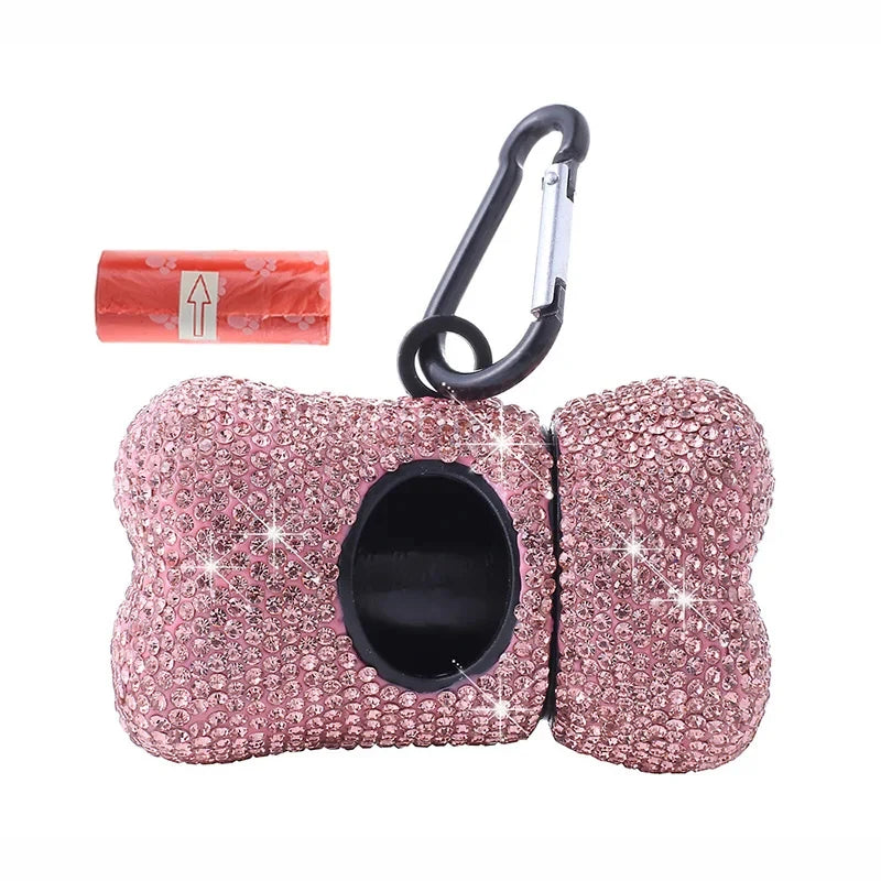 Rhinestone Pet Traction Rope Dog Garbage Bag Dispenser Bone Shaped Portable Pet Cleaning Supplies Retractable Dog Walking Rope