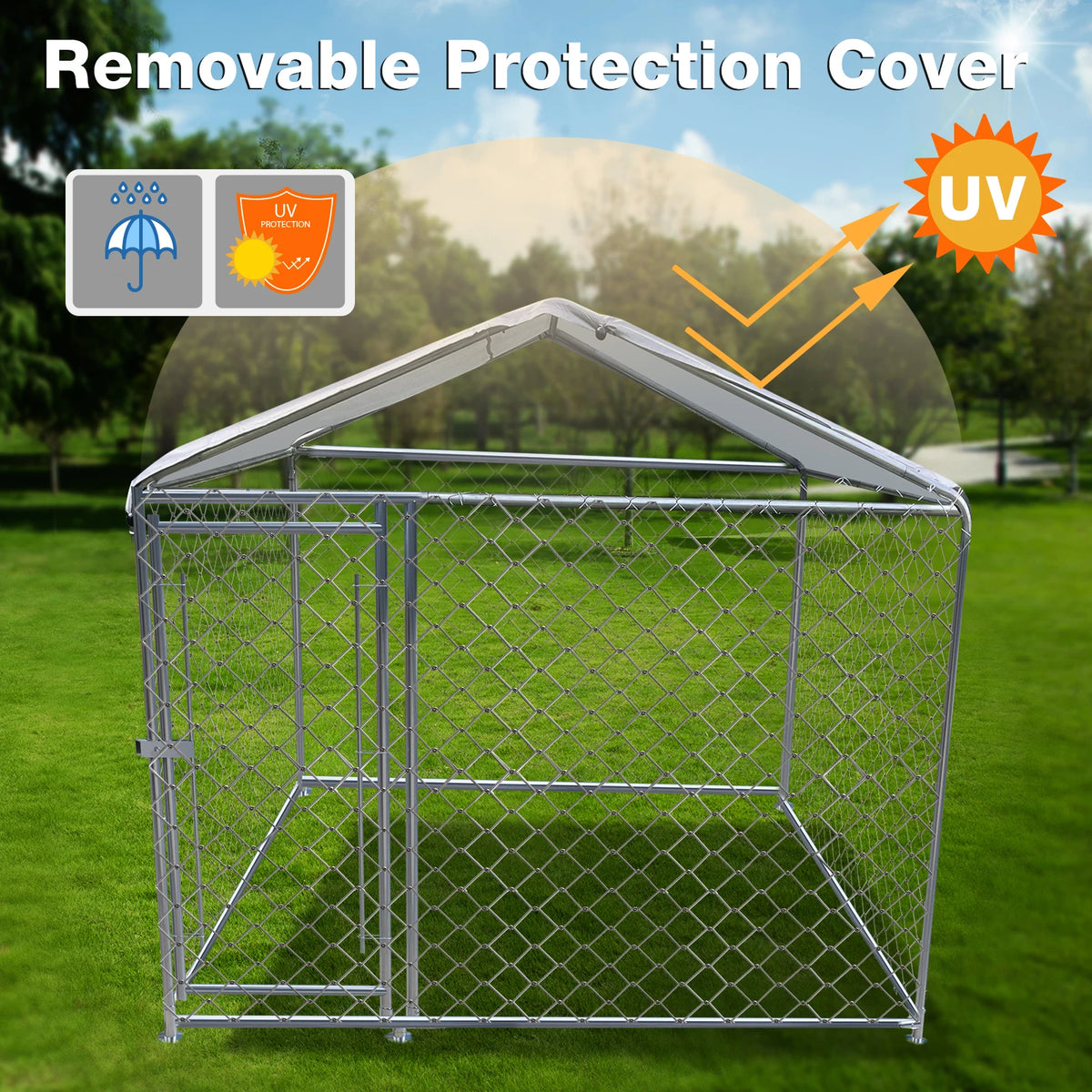 Large Outdoor Dog Kennel 200x150x200cm, Heavy Duty Metal Pet Cage with Waterproof Roof & Sun Protection for Backyard Garden Patio